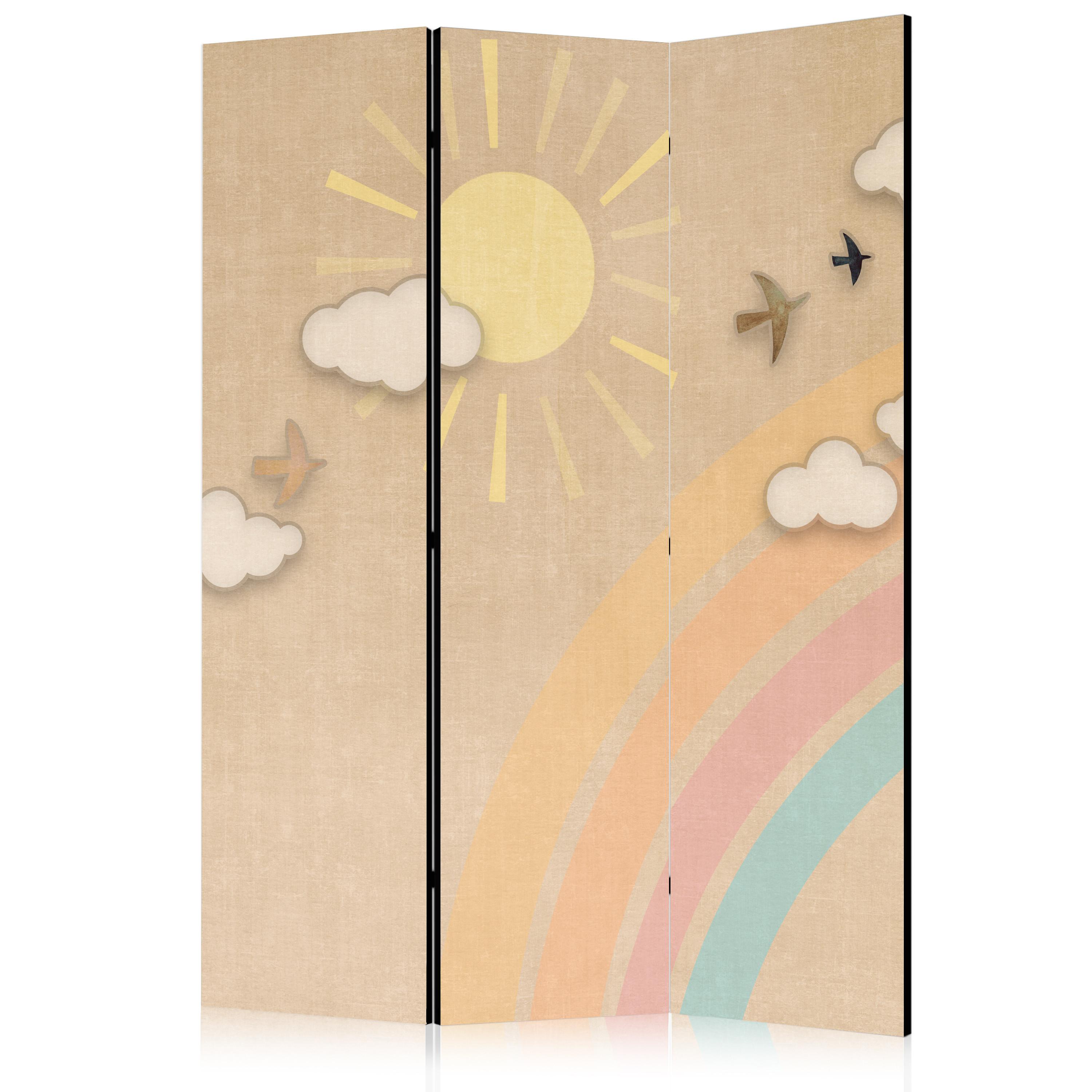 PARAVENT Akustik 3-tlg 135x172 cm Regenbogen Sonne Boho - Beige, Holz/Textil (135/172/3cm) - Muralo