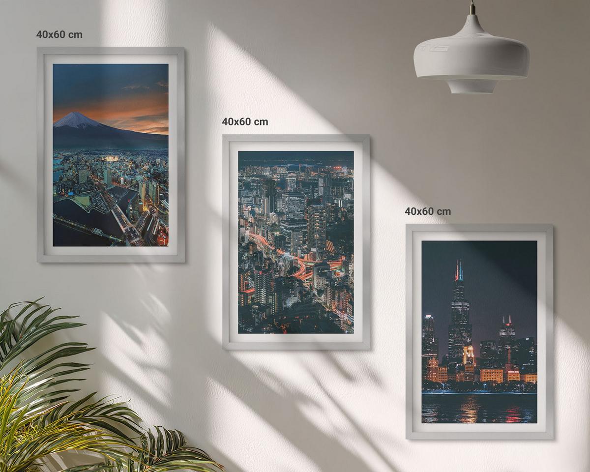 BILDER SET 3er Set - 40x60 cm Silberner Rahmen - Bergpanorama der Stadt bei Nacht - Silberfarben, Kunststoff (40/60cm) - TULUP