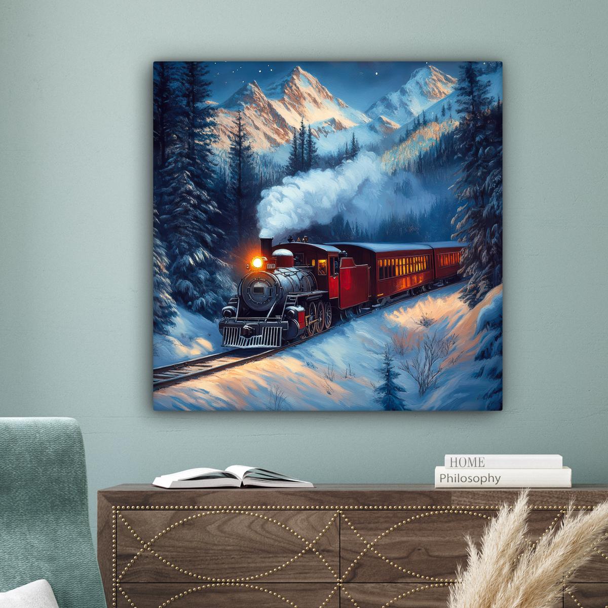 LEINWANDBILD Zug - Weihnachten - Schnee - Weihnachtszug Deko Groß 90x90 cm - Anthrazit, Textil (90/90cm) - MuchoWow
