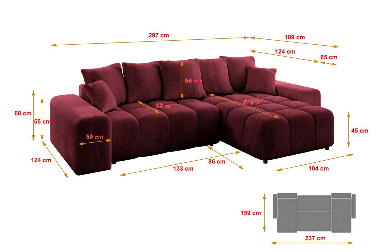 ECKSOFA Ottomane rechts ENIL-L 297x189x68 Bordeaux Velours - Bordeaux, Holzwerkstoff/Kunststoff (189/297cm) - ALTDECOR