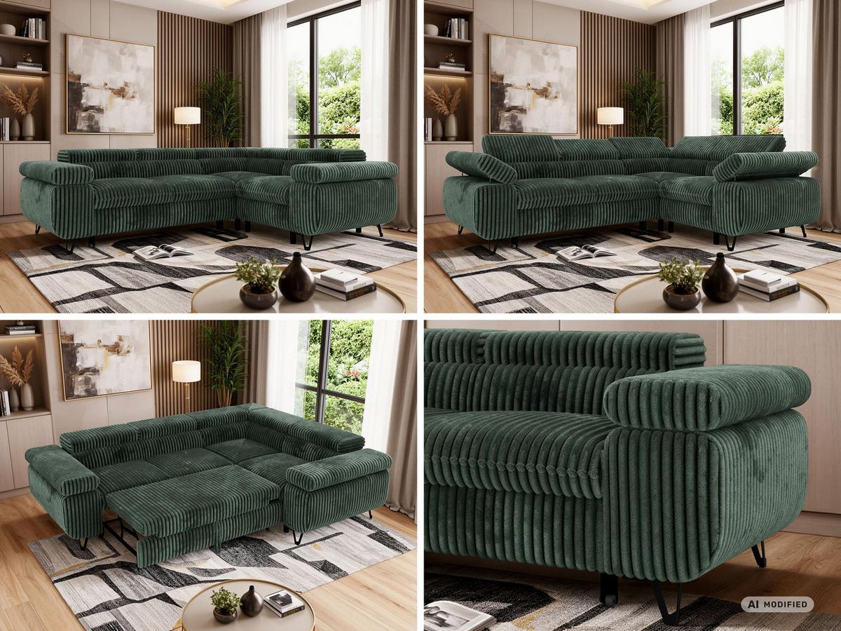 ECKSOFA FALCO L - Dunkelgrün Cord - Rechts Seite - Dunkelgrün/Schwarz, Textil/Metall (268/197cm) - MKS