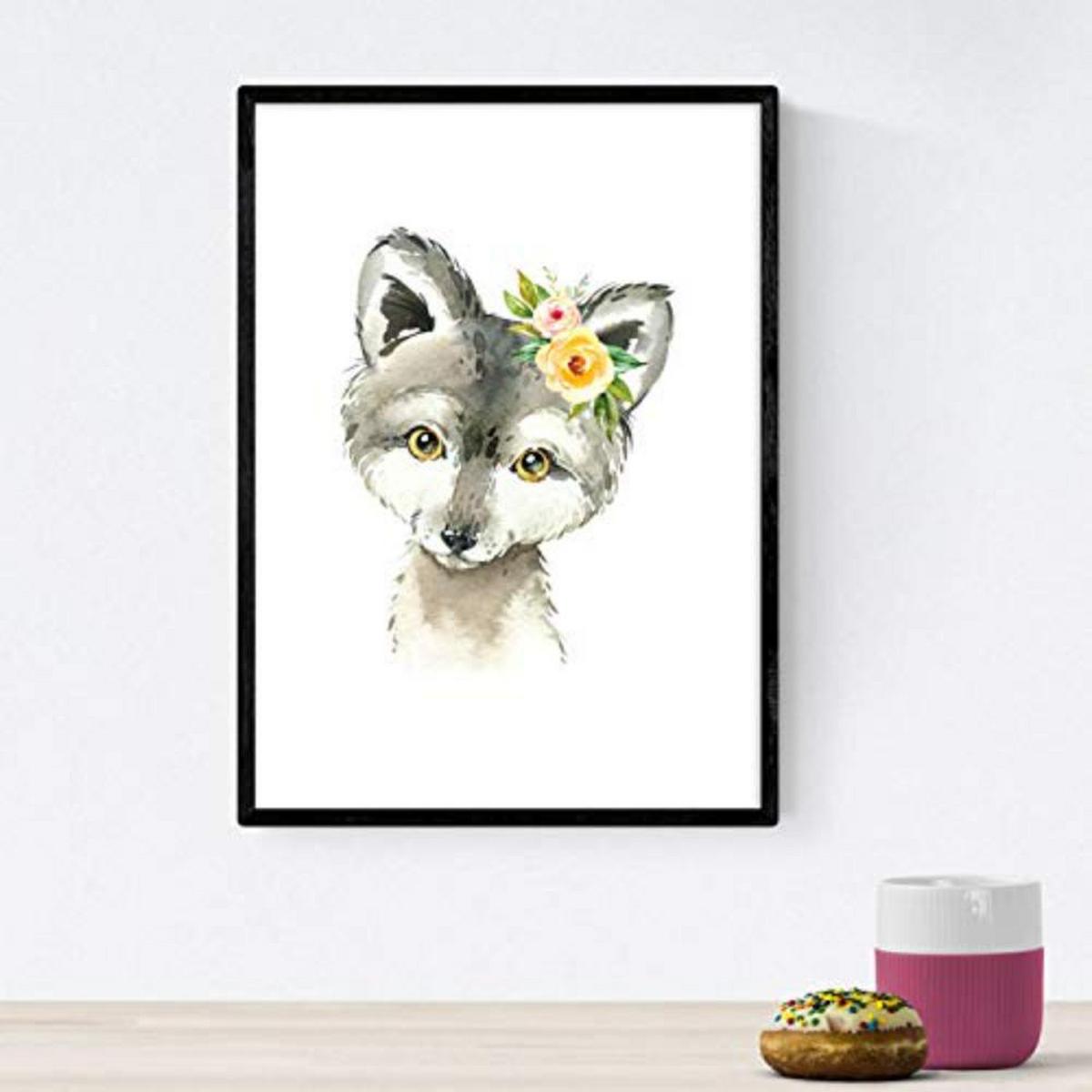 POSTER Set mit 4 Hyena Stinktier Eule Fuchs A3 Schwarzer Rahmen - Schwarz, Papier (29.7/3cm) - Nacnic