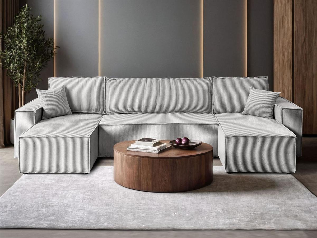 WOHNLANDSCHAFT Gepolstertes CARLO U Cord mit Schlaffunktion und Bettkasten, Poso 110 - Hellgrau, Textil (315/83/143cm) - Lookway