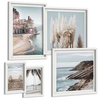 BILDER SET 5er Set - 50x50 cm & 20x30 cm & 40x60 cm Weißer Rahmen - Abstrakte Muster beige weiß - Weiß, Kunststoff (40/60cm) - TULUP