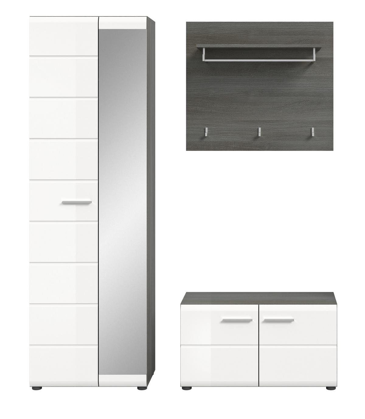 GARDEROBE Set 3-teilig weiß Hochglanz, grau 155 cm, Komplettset mit viel Stauraum - Weiß Hochglanz/Silberfarben, Glas/Holzwerkstoff (155/192/37cm) - Inn.Furn