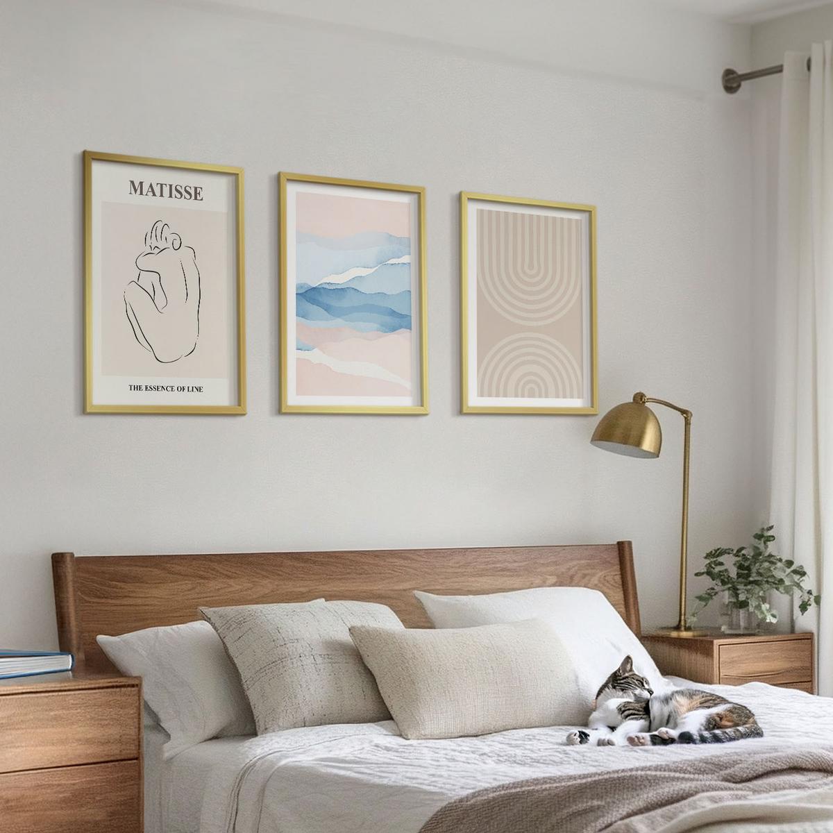 BILDER SET 3er Set - 40x60 cm Goldrahmen - Linien, Wellen, pastellfarbener Minimalismus - Goldfarben, Kunststoff (40/60cm) - TULUP