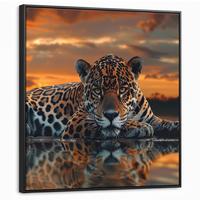 LEINWAND Bilder mit Rahmen - Natur - Leopard - Tier - Sonnenuntergang - Modern - 90x90 - Orange, Textil (90/90cm) - MuchoWow