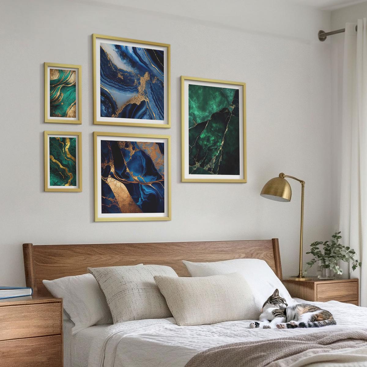 BILDER SET 5er Set - 50x50 cm & 20x30 cm & 40x60 cm Goldrahmen - Blumen, heller Hintergrund, Marmormuster - Goldfarben, Kunststoff (40/60cm) - TULUP