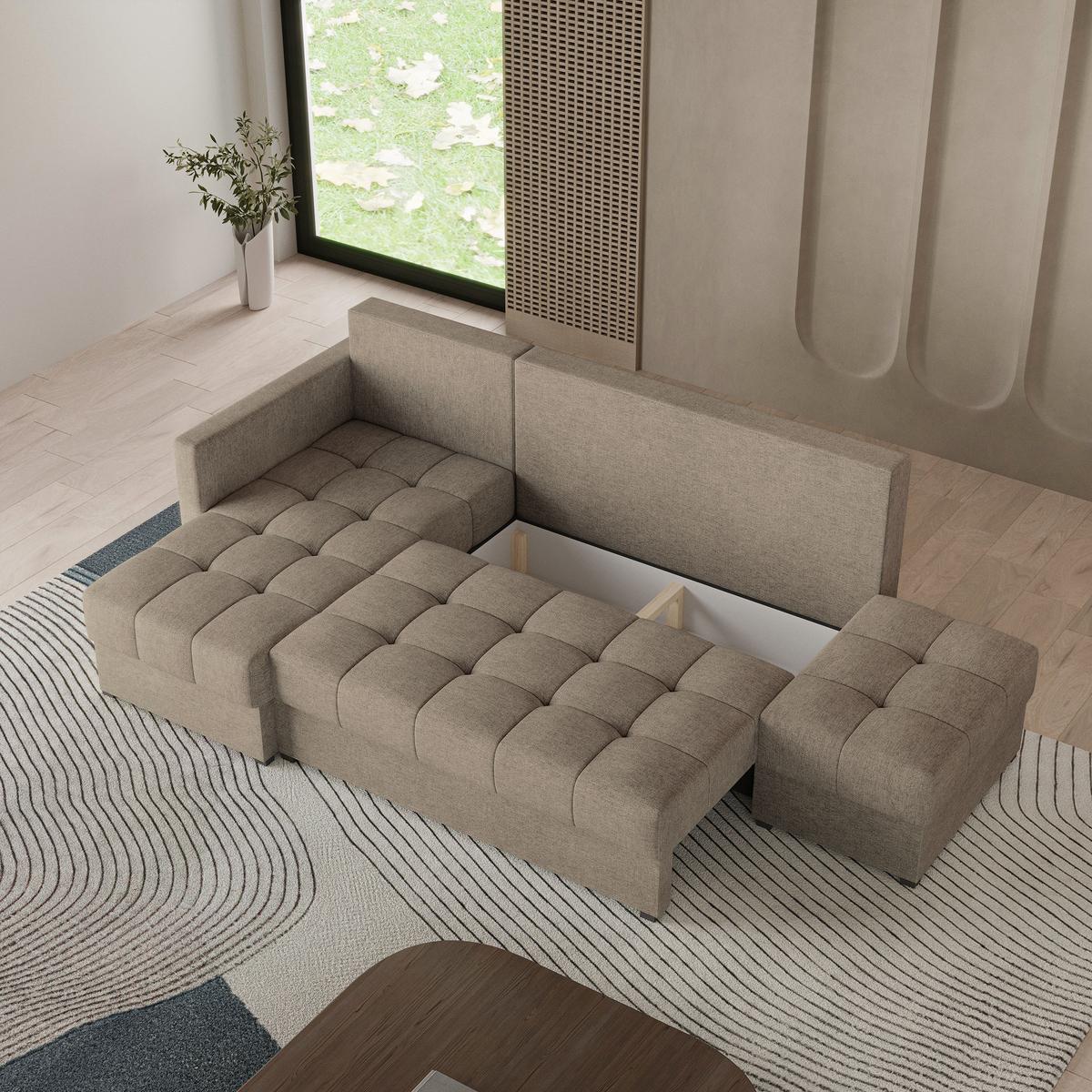 ECKSOFA LUMARI L-S Braun Plüsch-Stoff mit Schlaffunktion - Braun, Holz (262/143cm) - MASSENO