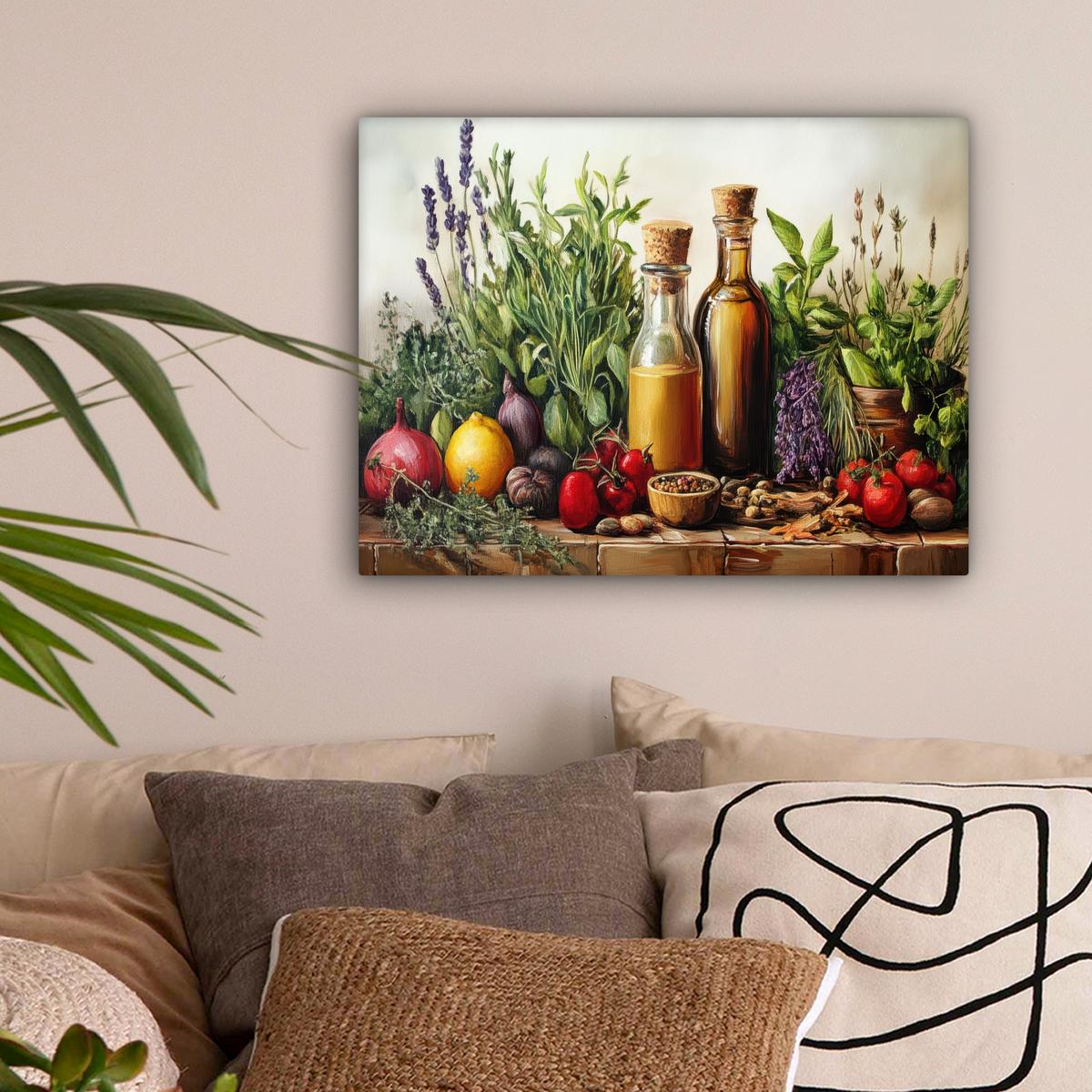 LEINWANDBILD Stilleben - Kräuter - Gewürze - Früchte - Farbenfroh Wandbild 40x30 cm - Grün, Textil (40/30cm) - MuchoWow