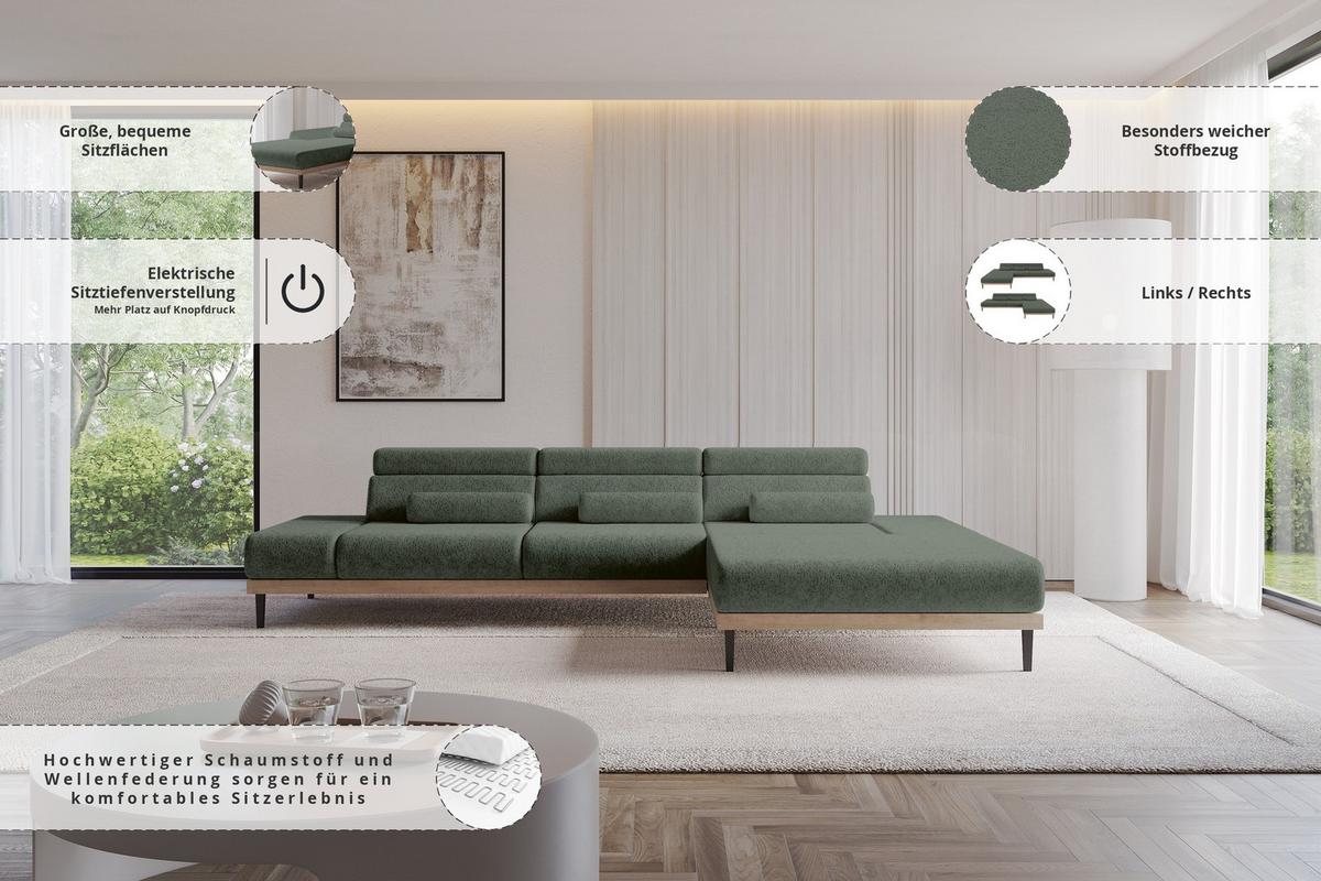 ELEKTRISCHES ECKSOFA Rechts MONA 316x205x85 Grün Velours - Grün, Holzwerkstoff/Textil (316/205cm) - ALTDECOR