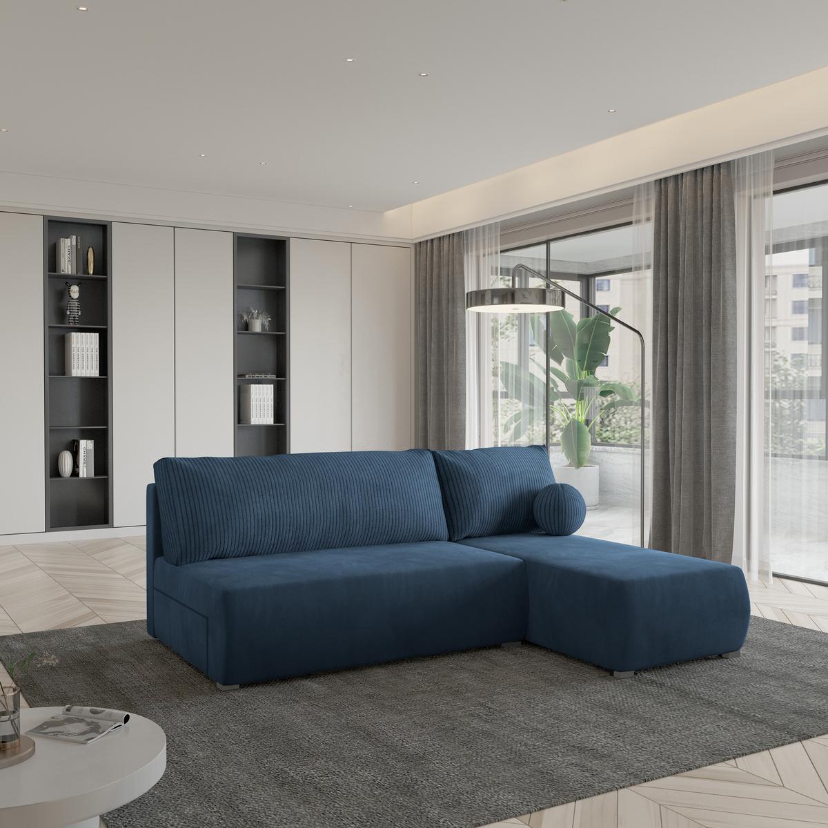 ECKSOFA PARVELO Blau Plüsch-Stoff mit Schlaffunktion - Blau, Holz (200/143cm) - MASSENO