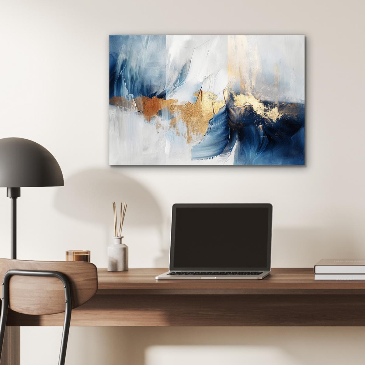 METALLBILD Gold - Blau - Aquarell - Kunst - Modern Wandbild 60x40 cm - Hellblau, Metall (60/40cm) - MuchoWow