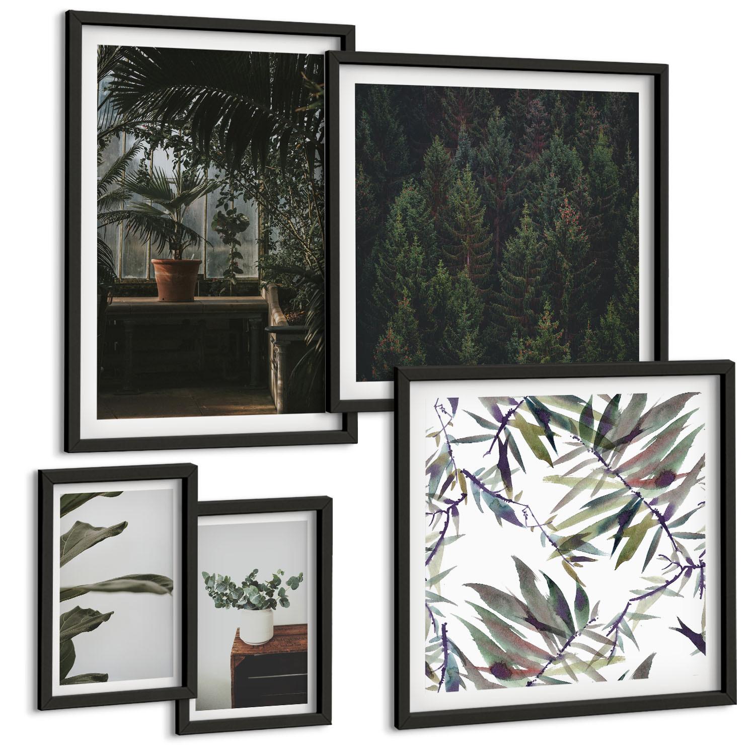 BILDER SET 5er Set - 50x50 cm & 20x30 cm & 40x60 cm Schwarzer Rahmen - Rustikale Topfpflanzen - Schwarz, Kunststoff (40/60cm) - TULUP