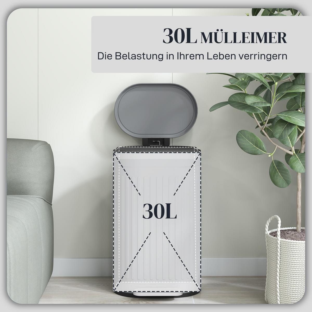 MÜLLEIMER 30l, Metall Kunststoff Grau - Grau, Metall (31.2/60.8/36.5cm) - HOMCOM