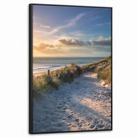 LEINWAND Bilder mit Rahmen - Sonnenuntergang - Strand - Düne - Gras - Ufer - 60x90 - Sandfarben, Textil (60/90cm) - MuchoWow