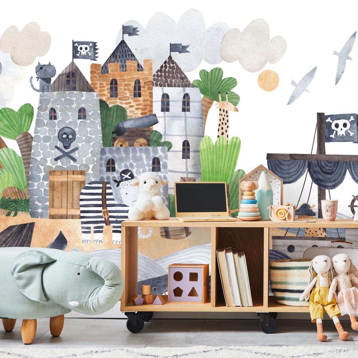 FOTOTAPETE für Kinderzimmer Märchen Piratenfestung Schiff Meereswellen 150x105 - Blau/Beige, Papier (150/105cm) - Muralo