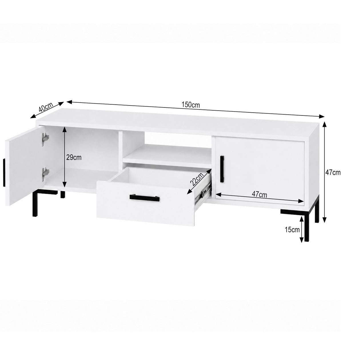 LOWBOARD Montreal mit 2 Türen, 1 Schublade und offenem Fach, dekorative 3D-Fronten, Weiß - Schwarz/Weiß, Holzwerkstoff/Metall (150/47/40cm) - Beautysofa