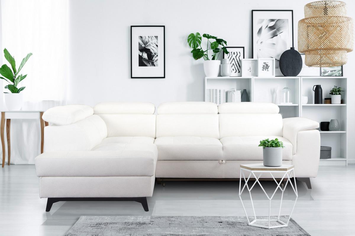 ECKSOFA VOLA Weiß Velours-Stoff mit Schlaffunktion - Weiß, Holz (270/199cm) - MASSENO