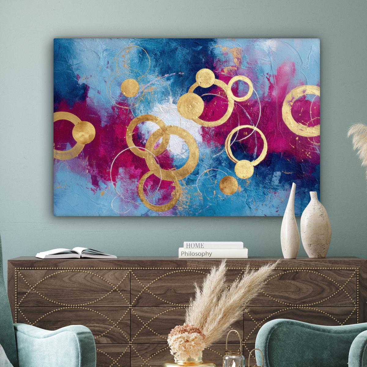 LEINWANDBILD Kreise - Gold - Abstrakt Groß 140x90 cm - Blau, Textil (140/90cm) - MuchoWow