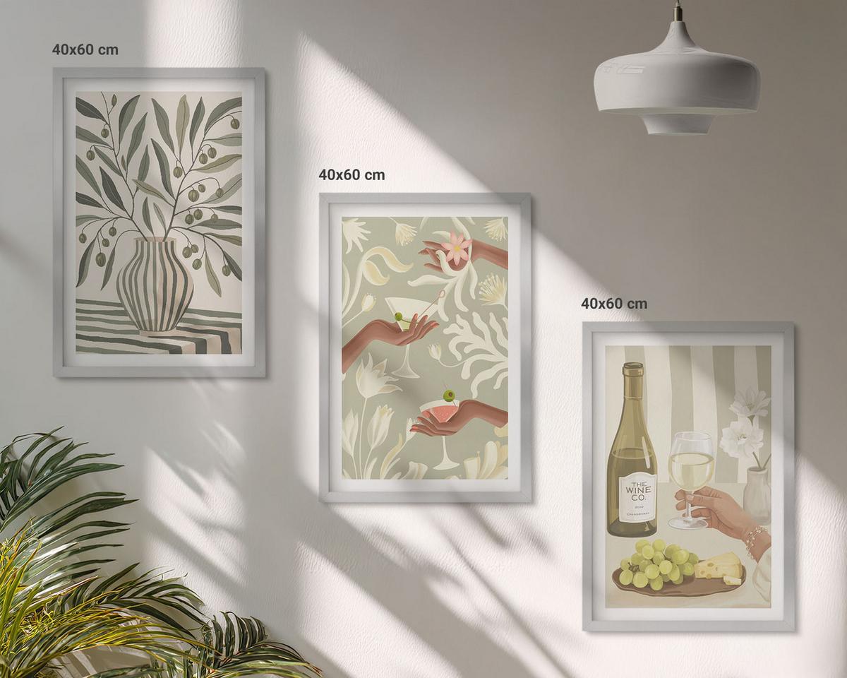BILDER SET 3er Set - 40x60 cm Silberner Rahmen - Rustikale Cocktails mit Olivenblüten - Silberfarben, Kunststoff (40/60cm) - TULUP
