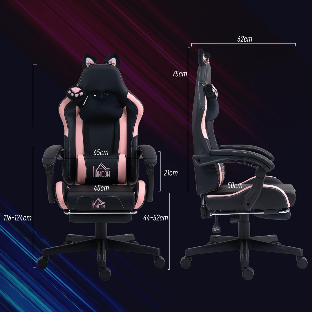 GAMINGSTUHL mit Lendenkissen Rosa, Schwarz - Schwarz, Kunststoff (62/124/65cm) - HOMCOM