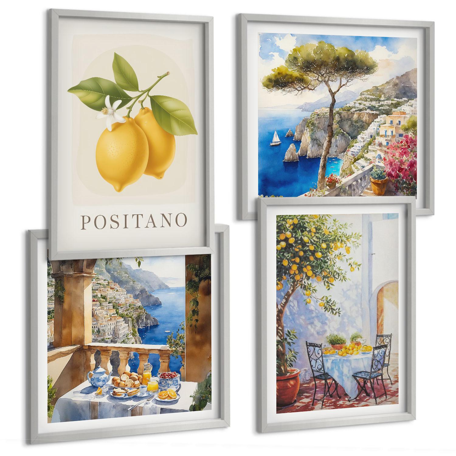 BILDER SET 4er Set - 50x50 cm & 40x60 cm Silberner Rahmen - Ansichten der Zitronenarchitektur von Positano - Silberfarben, Kunststoff (50/50cm) - TULUP