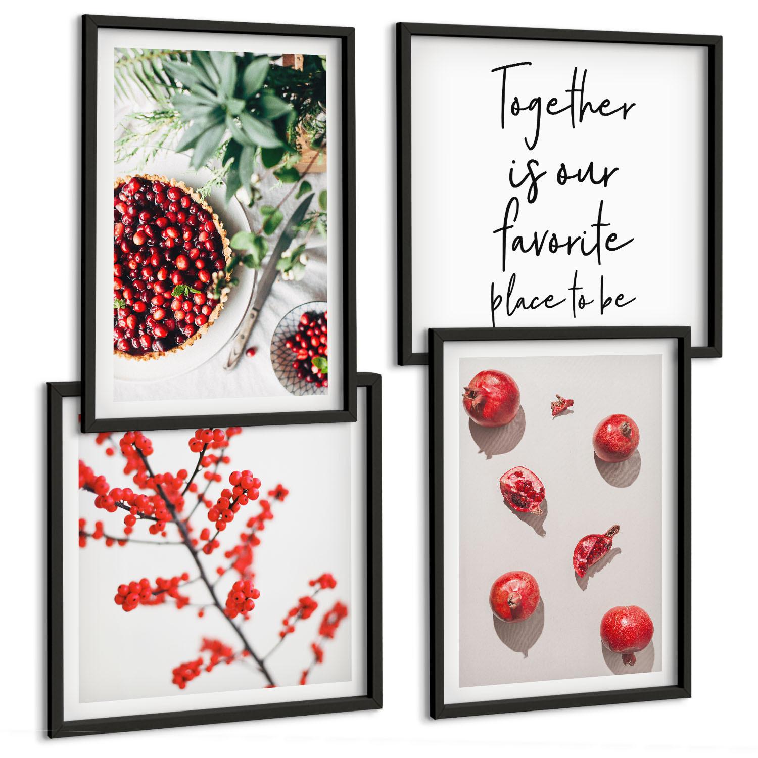 BILDER SET 4er Set - 50x50 cm & 40x60 cm Schwarzer Rahmen - Minimalismus der roten Früchte von Pflanzen - Schwarz, Kunststoff (50/50cm) - TULUP