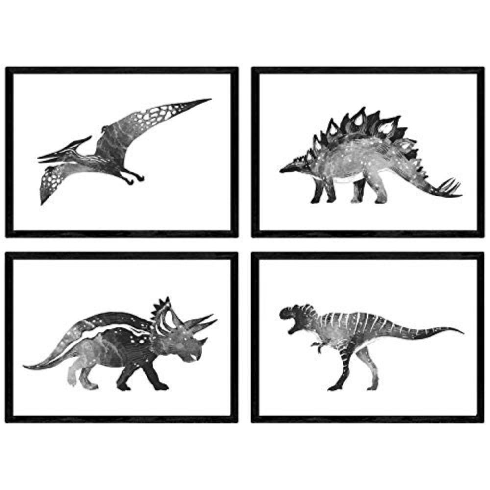 POSTER Set mit 4 Dinosaurios weiß negro A4 Schwarzer Rahmen - Schwarz, Papier (29.7/3cm) - Nacnic