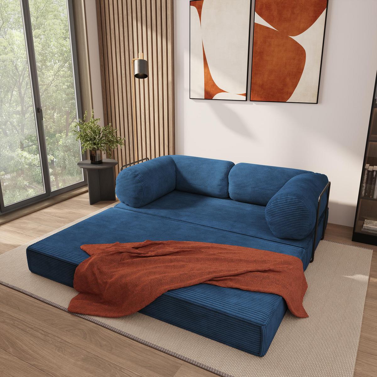 BETTSOFA ALVIO aus Schaumstoff Kordstoff Blau Schlaffunktion - Blau, Textil (170/68/80cm) - MASSENO