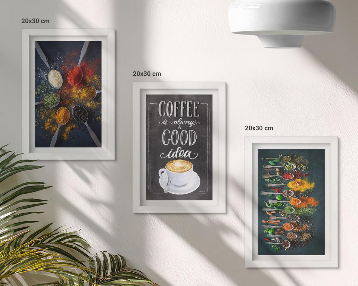 BILDER SET 3er Set - 20x30 cm Weißer Rahmen - Gewürze, Kaffee, Kräuter, Muster - Weiß, Kunststoff (20/30cm) - TULUP
