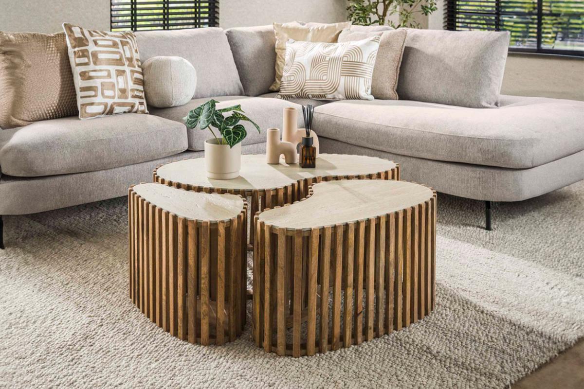 COUCHTISCH LIMAY 3ER SET Weiß Keramik - Weiß/Braun, Mangoholz/Keramik (52/90/40cm) - KAWOLA