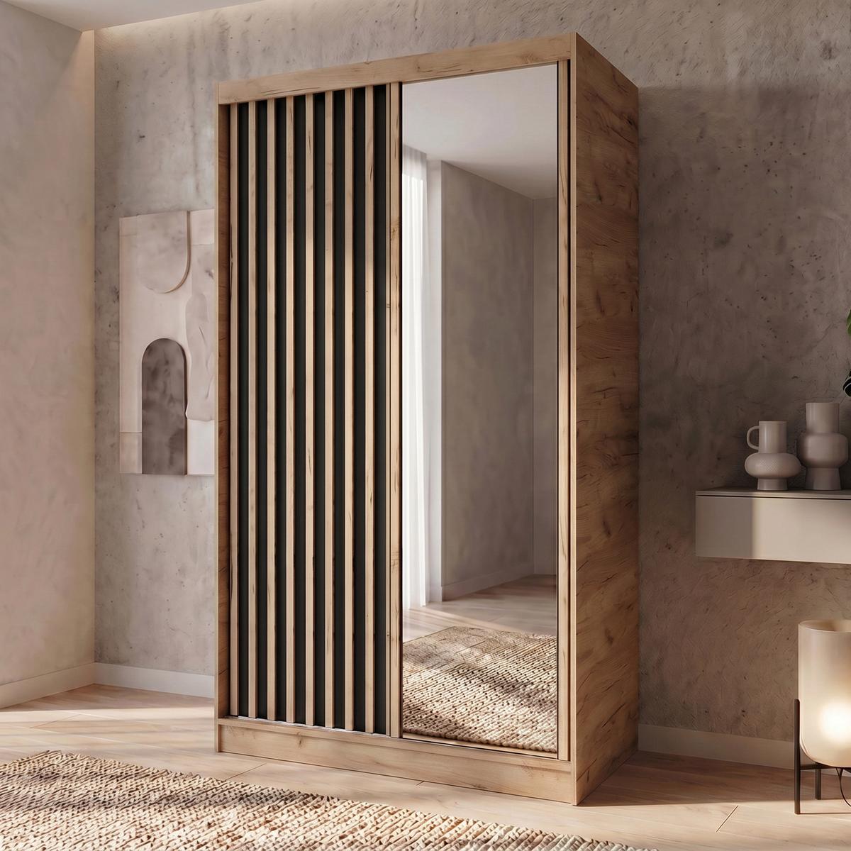 SCHWEBETÜRENSCHRANK Donatello mit 2 Türen. 120 cm, eiche Artisan+Schwarz - Schwarz/Eiche Artisan, Holzwerkstoff (120/205/60cm) - Beautysofa