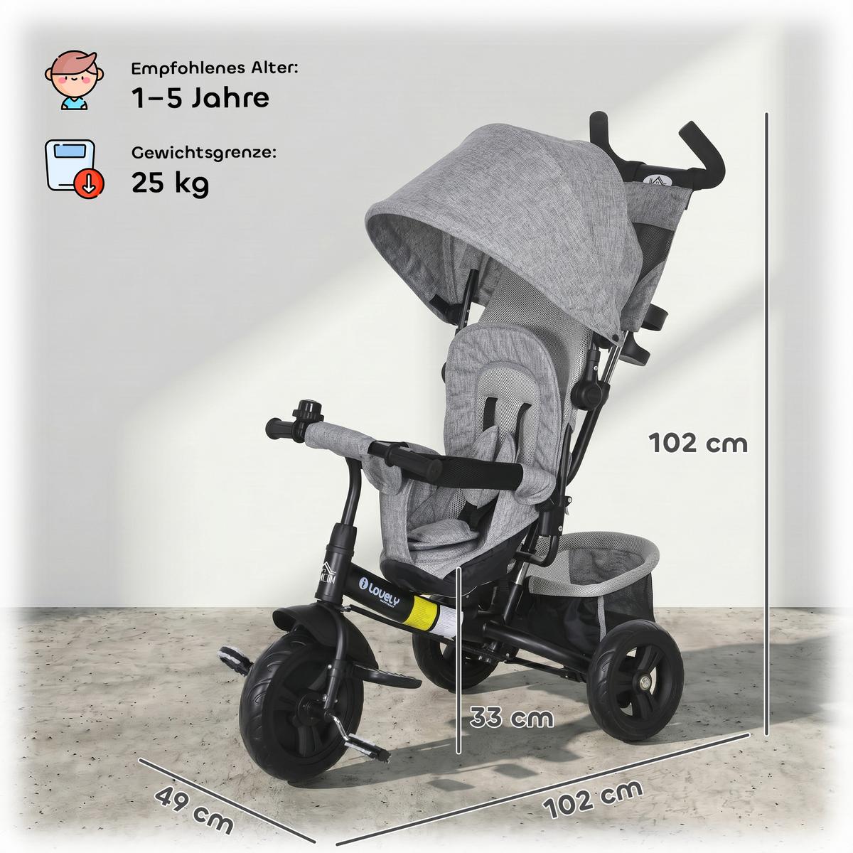 6-IN-1 Dreirad mit Schubstange, Kinderdreirad mit abnehmbarem Sonnendach - Grau, Metall (102/49/102cm) - HOMCOM