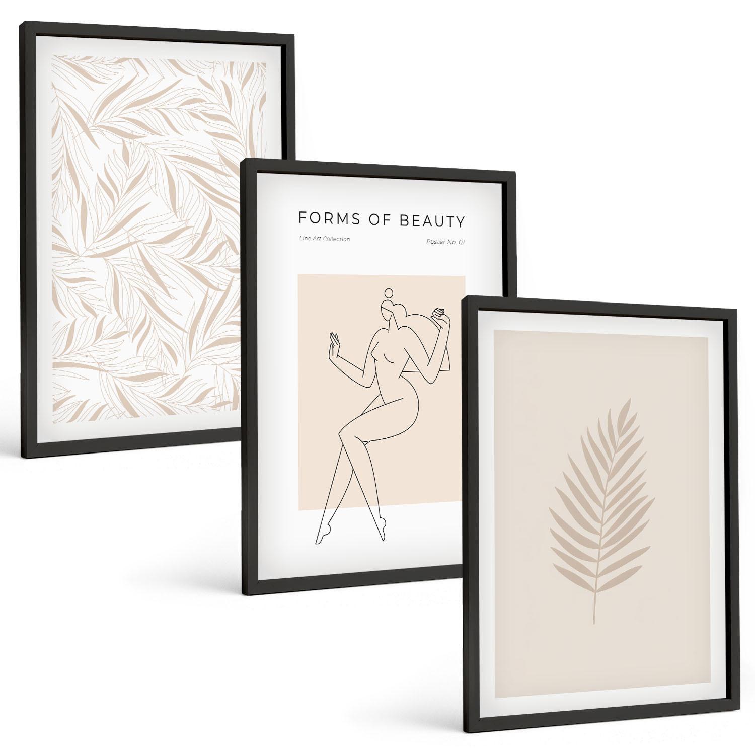 BILDER SET 3er Set - 40x60 cm Schwarzer Rahmen - Minimalistische botanische Motive - Schwarz, Kunststoff (40/60cm) - TULUP