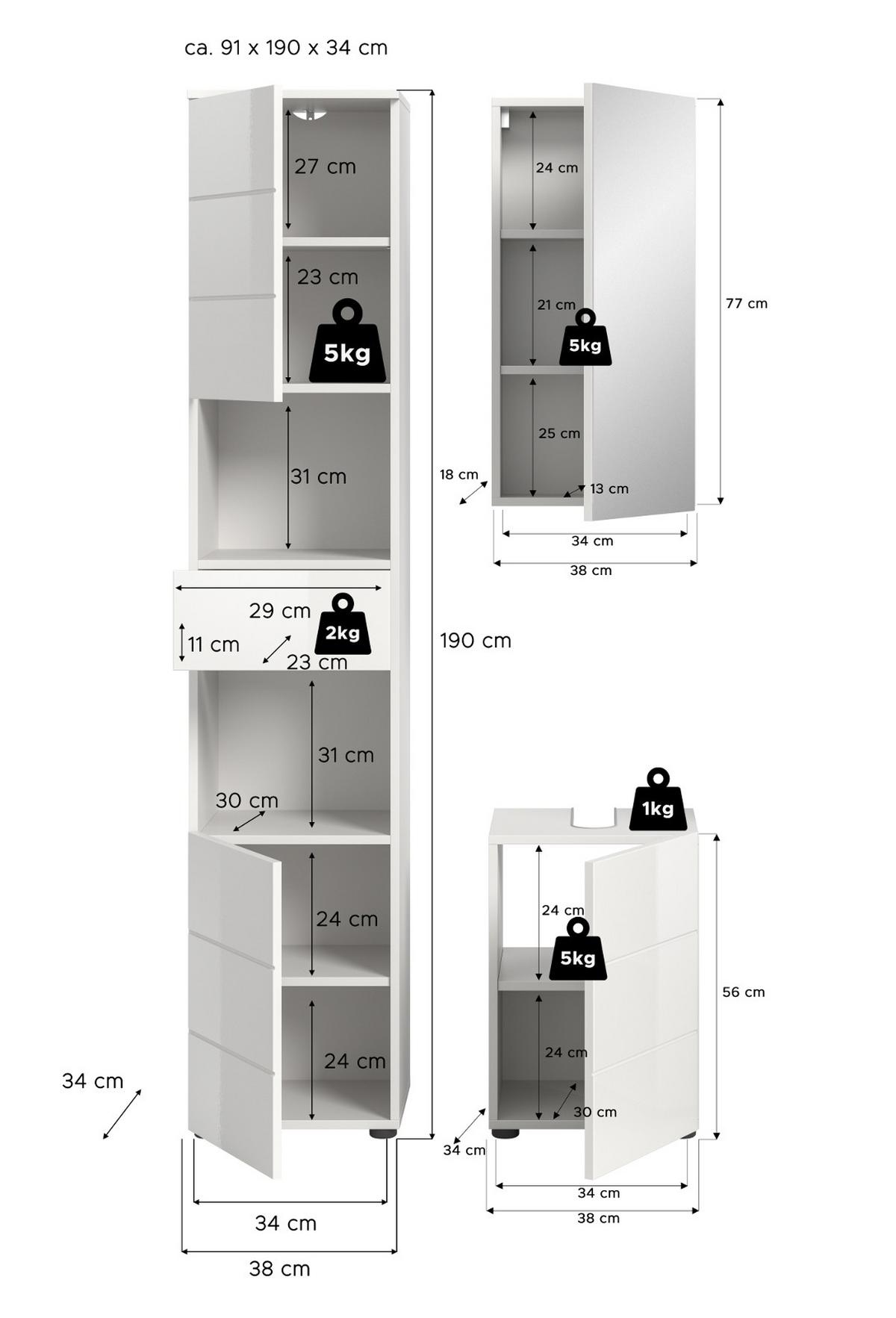 BADMÖBEL Set 3-teilig weiß Hochglanz 91 x 190 cm, Badkombination modern - Weiß Hochglanz/Schwarz, Holzwerkstoff/Kunststoff (91/190/34cm) - Inn.Furn