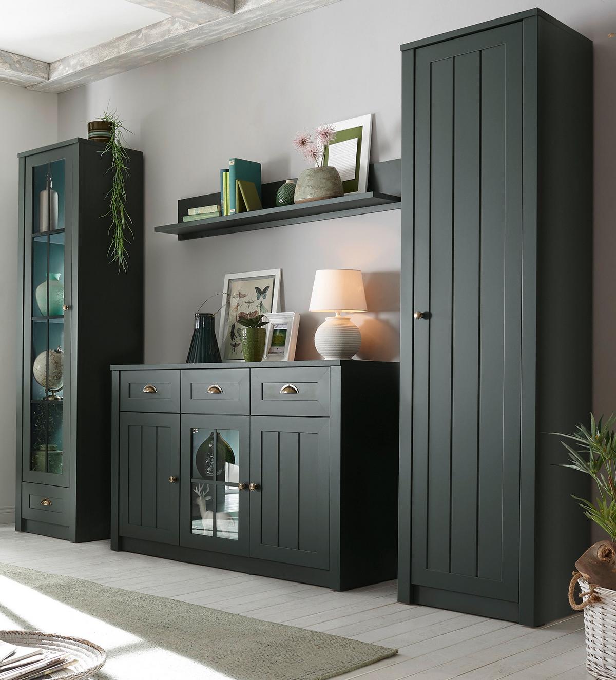 WOHNWAND grün Landhaus, Wohnkombination 4-teilig 270 x 198 cm - Chromfarben/Schwarz, Glas/Holzwerkstoff (270/198/43cm) - Furn.Design