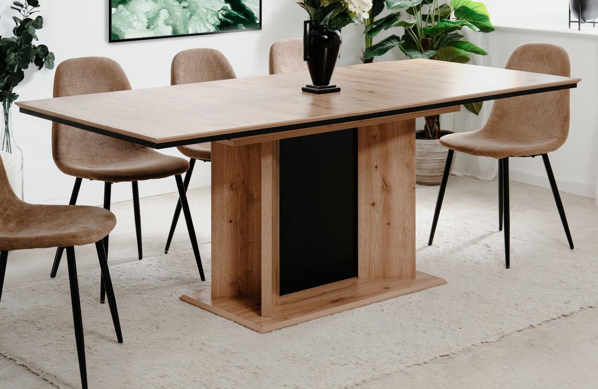 ESSTISCH Eiche Artisan, schwarz, Säulentisch ausziehbar 160 - 200 x 90 cm - Schwarz/Eiche Artisan, Holzwerkstoff (160/90/76cm) - Furn.Design