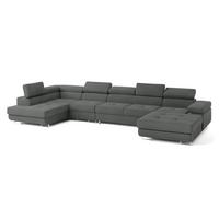 WOHNLANDSCHAFT VELORA L-S Grau Velours-Stoff mit Schlaffunktion - Grau, Holz (419/90/202cm) - MASSENO