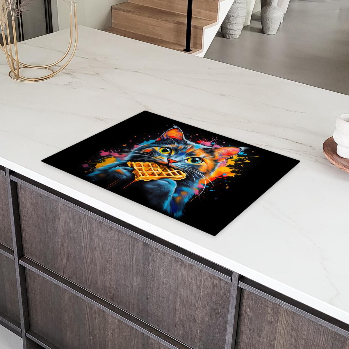 HERDABDECKPLATTE Katze - Graffiti - Bunt - Waffel - Essen Herdabdeckung Induktionsfeld 75x52 cm - Multicolor, Kunststoff (75/52/0.2cm) - MuchoWow
