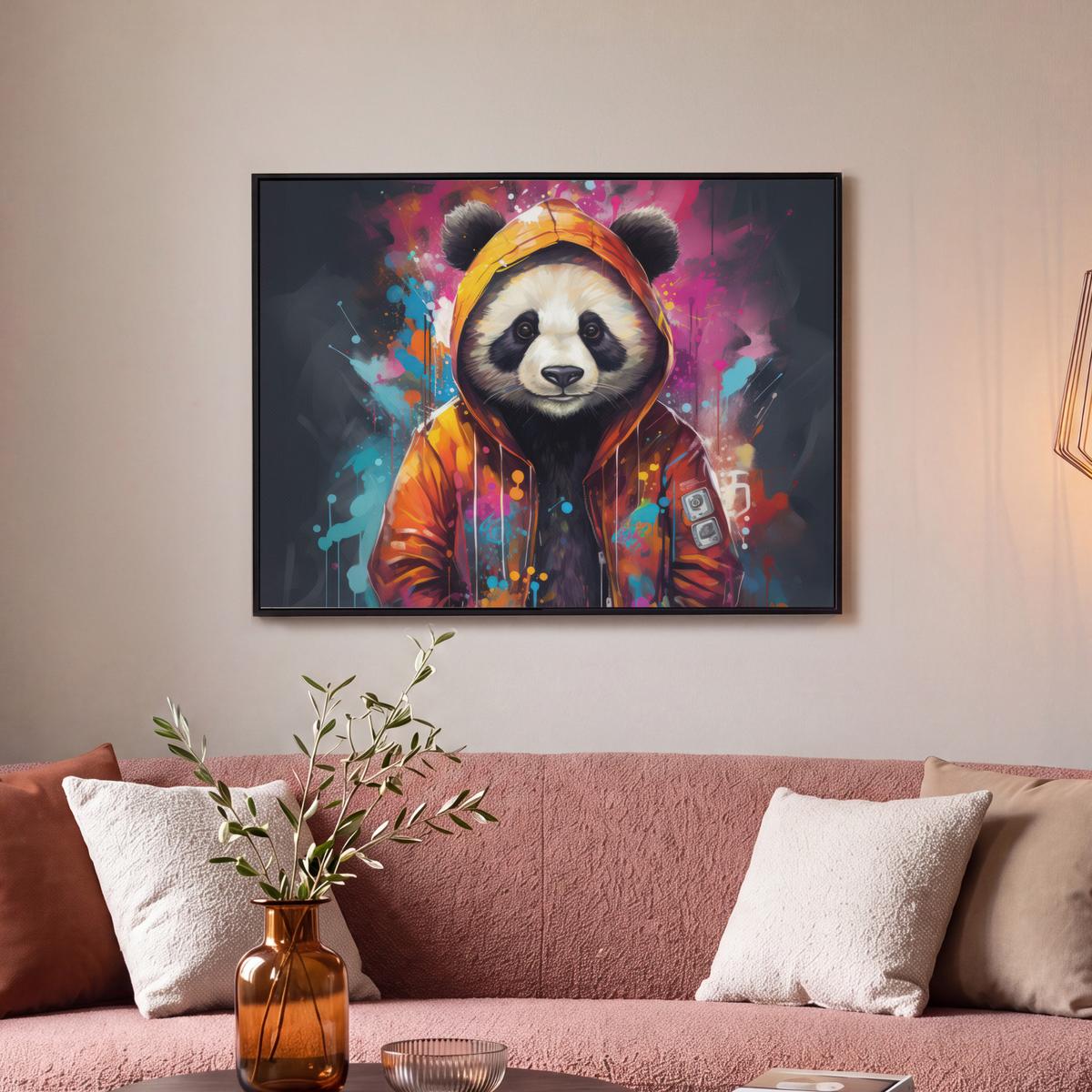 LEINWAND Bilder mit Rahmen - Panda - Jacke - Graffiti - Orange - 80x60 - Orange, Textil (80/60cm) - MuchoWow