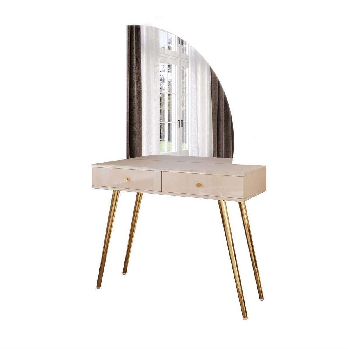 SCHMINKTISCH SIENNA-QS KASCHMIR mit LED-Spiegel Goldgriff - Ecru, Holzwerkstoff (100/81/42cm) - Lookway