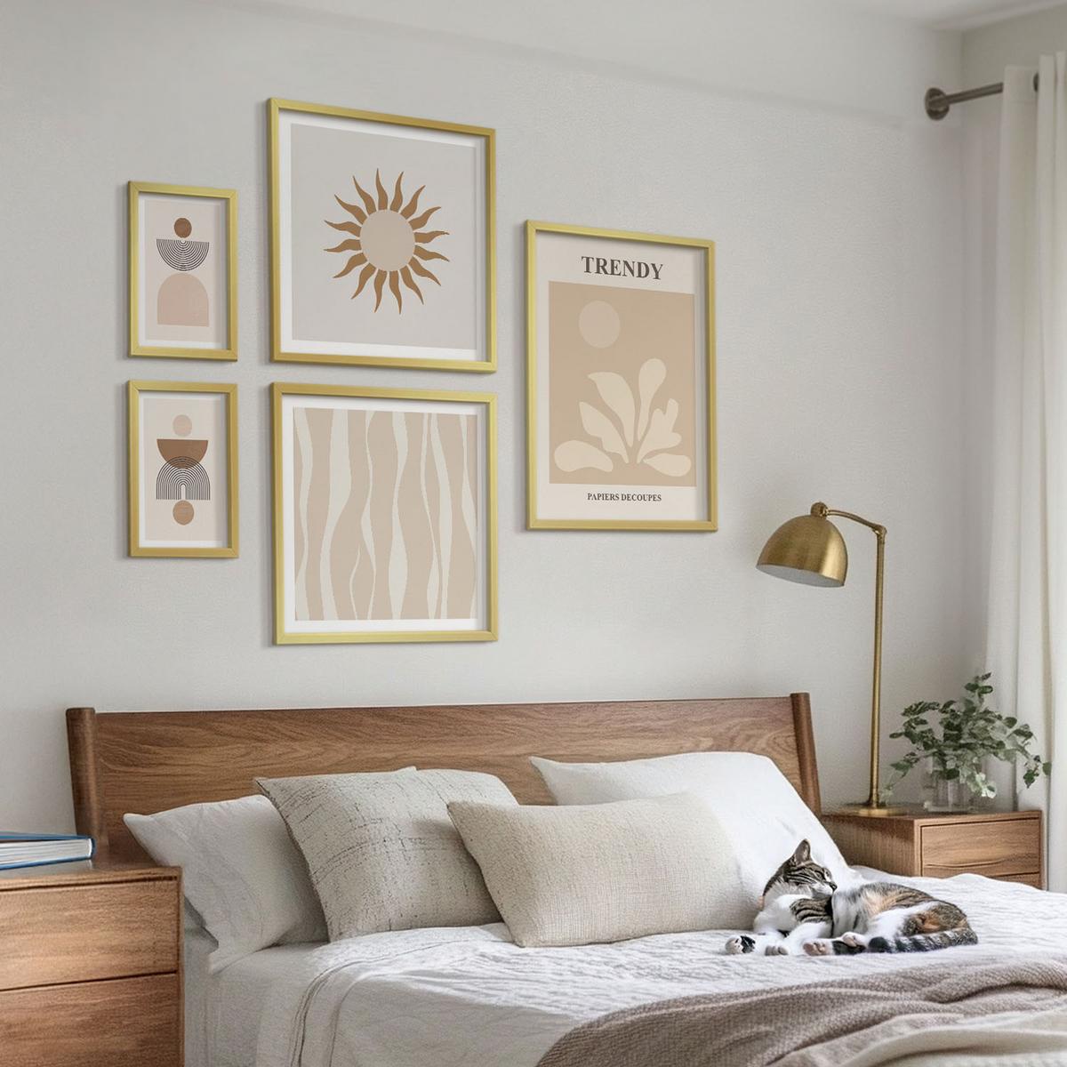 BILDER SET 5er Set - 50x50 cm & 20x30 cm & 40x60 cm Goldrahmen - Stilvolle abstrakte Beigetöne - Goldfarben, Kunststoff (40/60cm) - TULUP