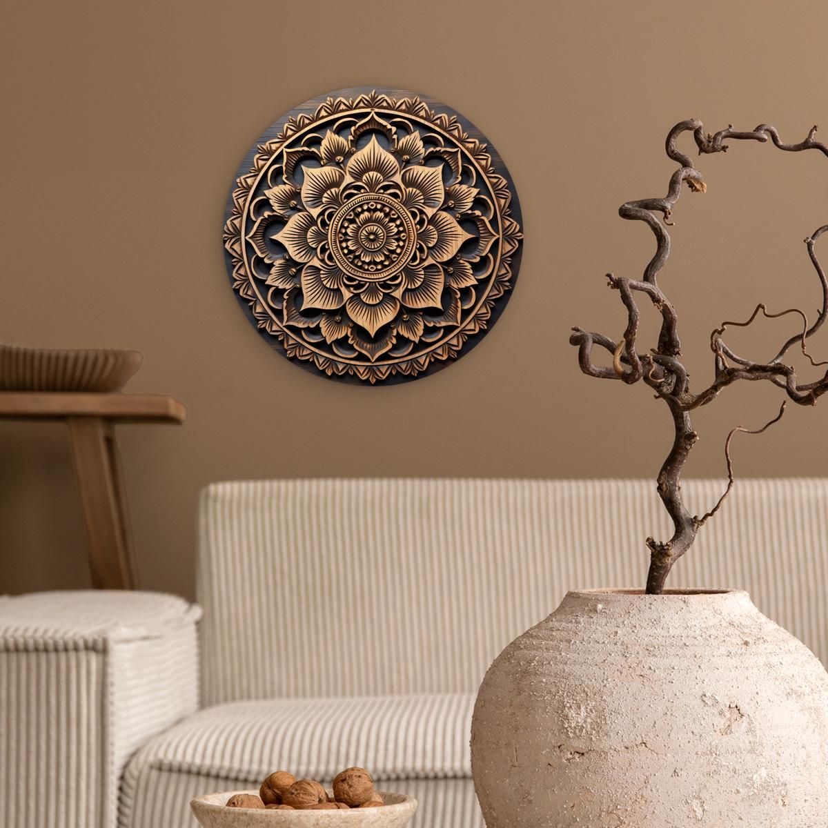 WANDBILD Mandala - Holz - Blumen - Braun Deko Wohnzimmer 30x30 cm - Gelb, Kunststoff (30/30cm) - MuchoWow
