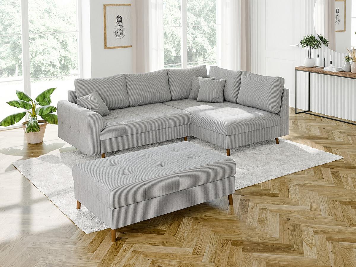 ECKSOFA inkl. Hocker Alma Hellgrau Cord - Ottomane rechts - Hellgrau/Braun, Holz/Textil (231/161cm) - S-Style Möbel