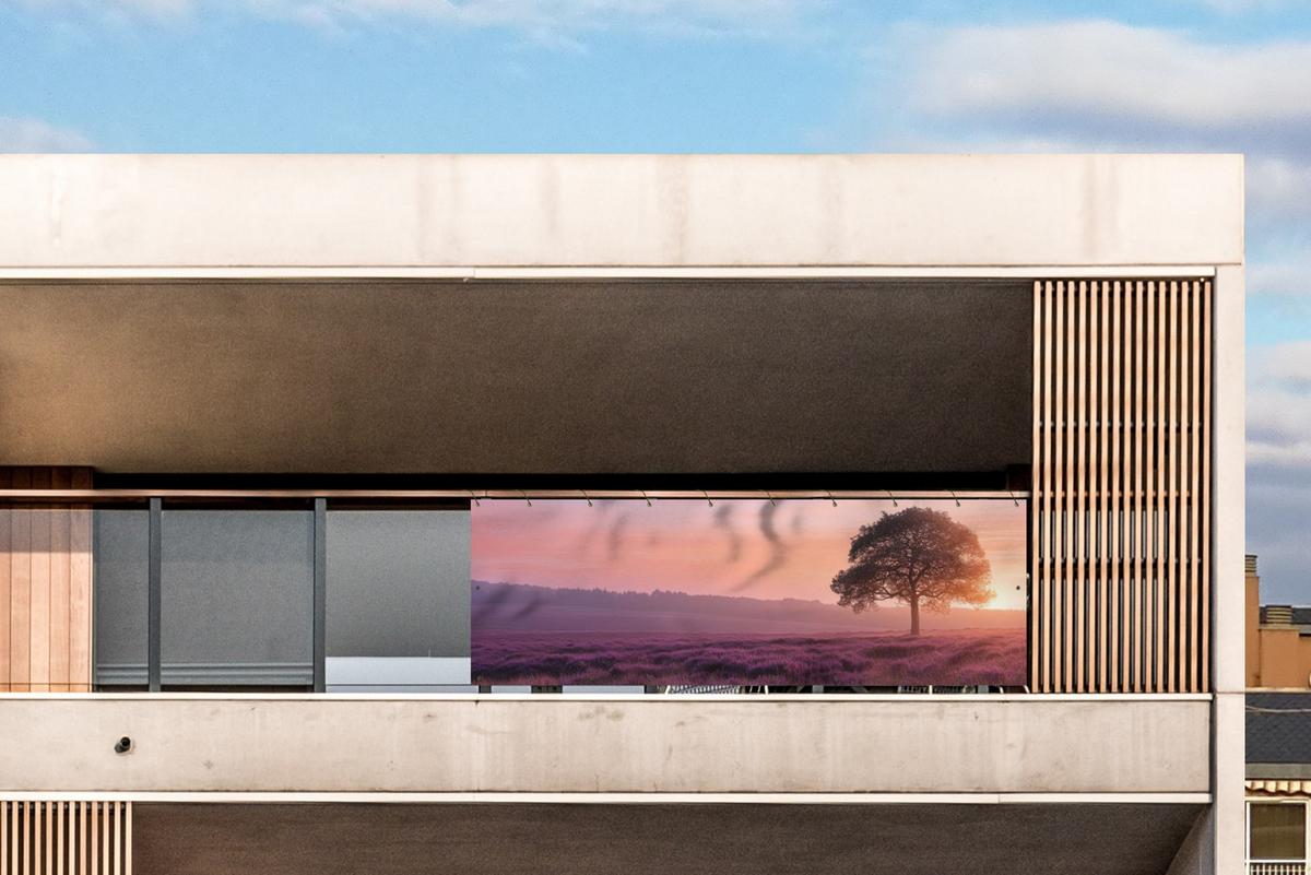 BALKON-SICHTSCHUTZ Baum - Heidekraut - Sonnenaufgang Windschutz 300x90 cm - Flieder, Kunststoff (300/90cm) - MuchoWow