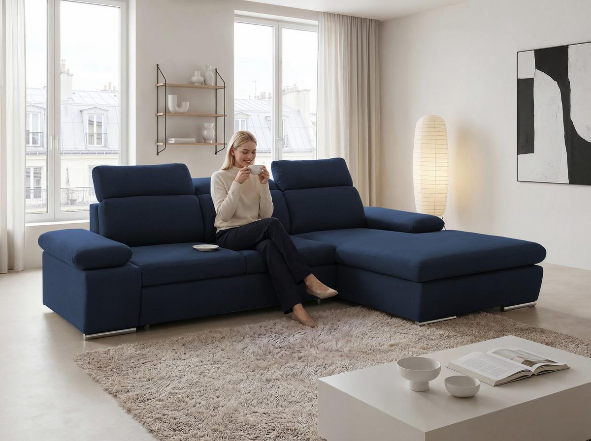 ECKSOFA PABLO mit Schlaffunktion und Bettkasten Marineblau - Dunkelblau, Holzwerkstoff/Kunststoff (250/90cm) - Idohome