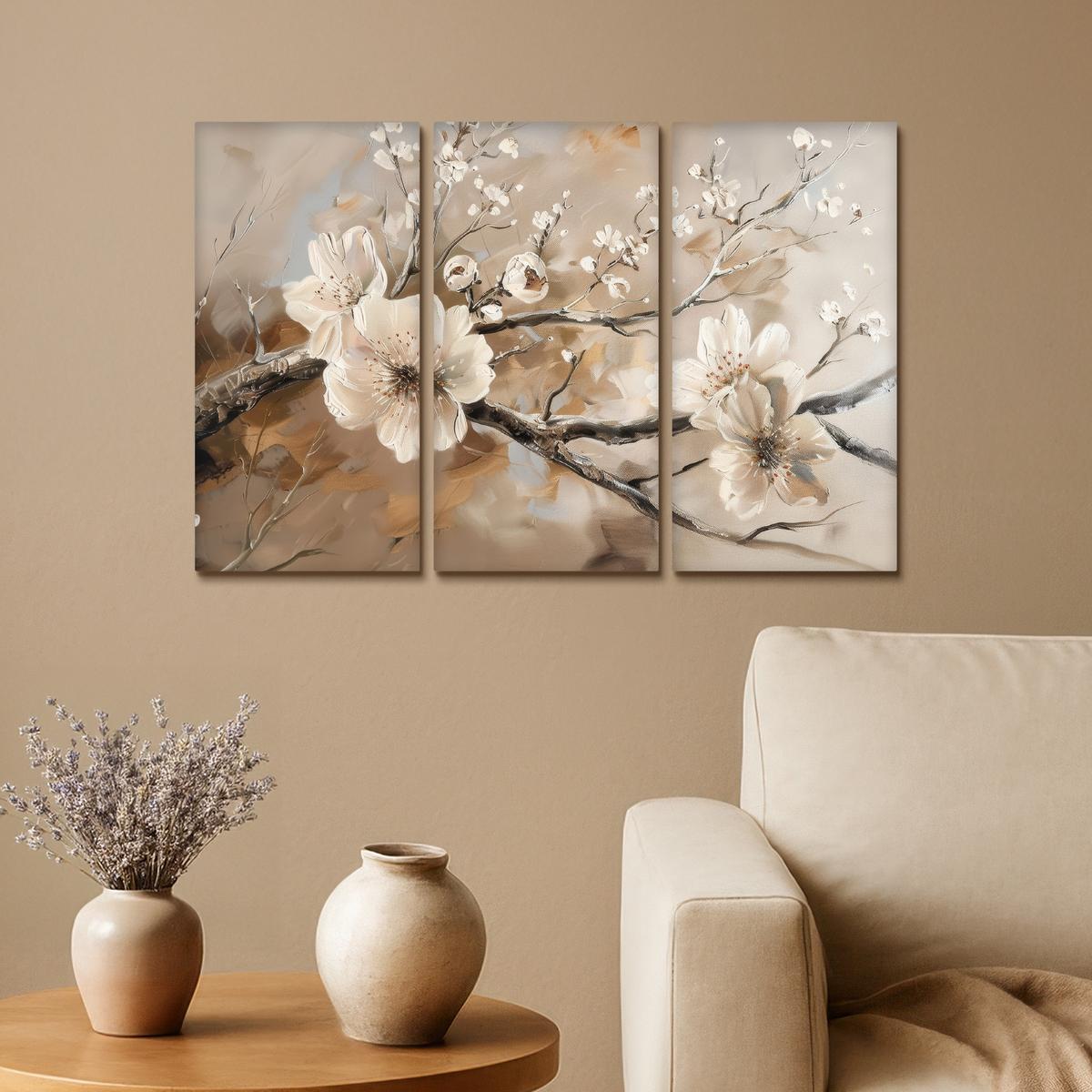 LEINWANDBILD 3er Set Blüte - Beige - Abstrakt - Blumen 60x40 cm - Hellbraun, Textil (60/40cm) - MuchoWow