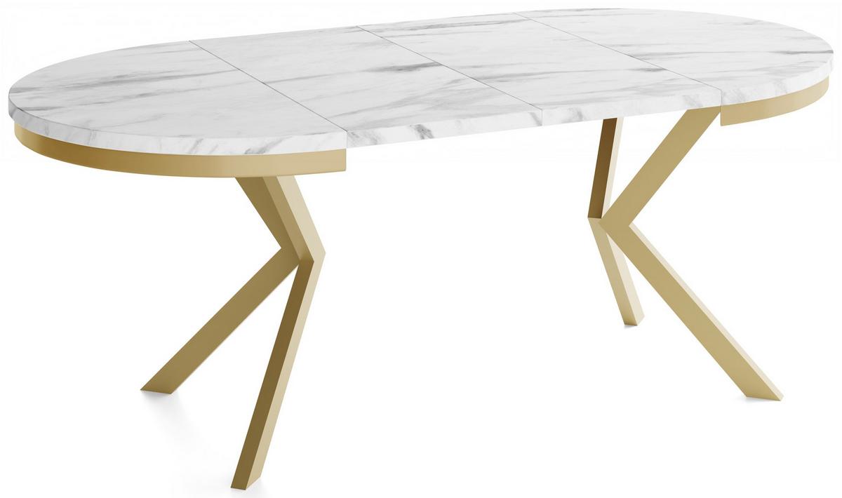 ESSTISCH Dina runder ausziehbarer, Marmor Weiß 120-200/100/76 cm - Ecru/Goldfarben, Holzwerkstoff/Metall (120/200/76cm) - WFL GROUP