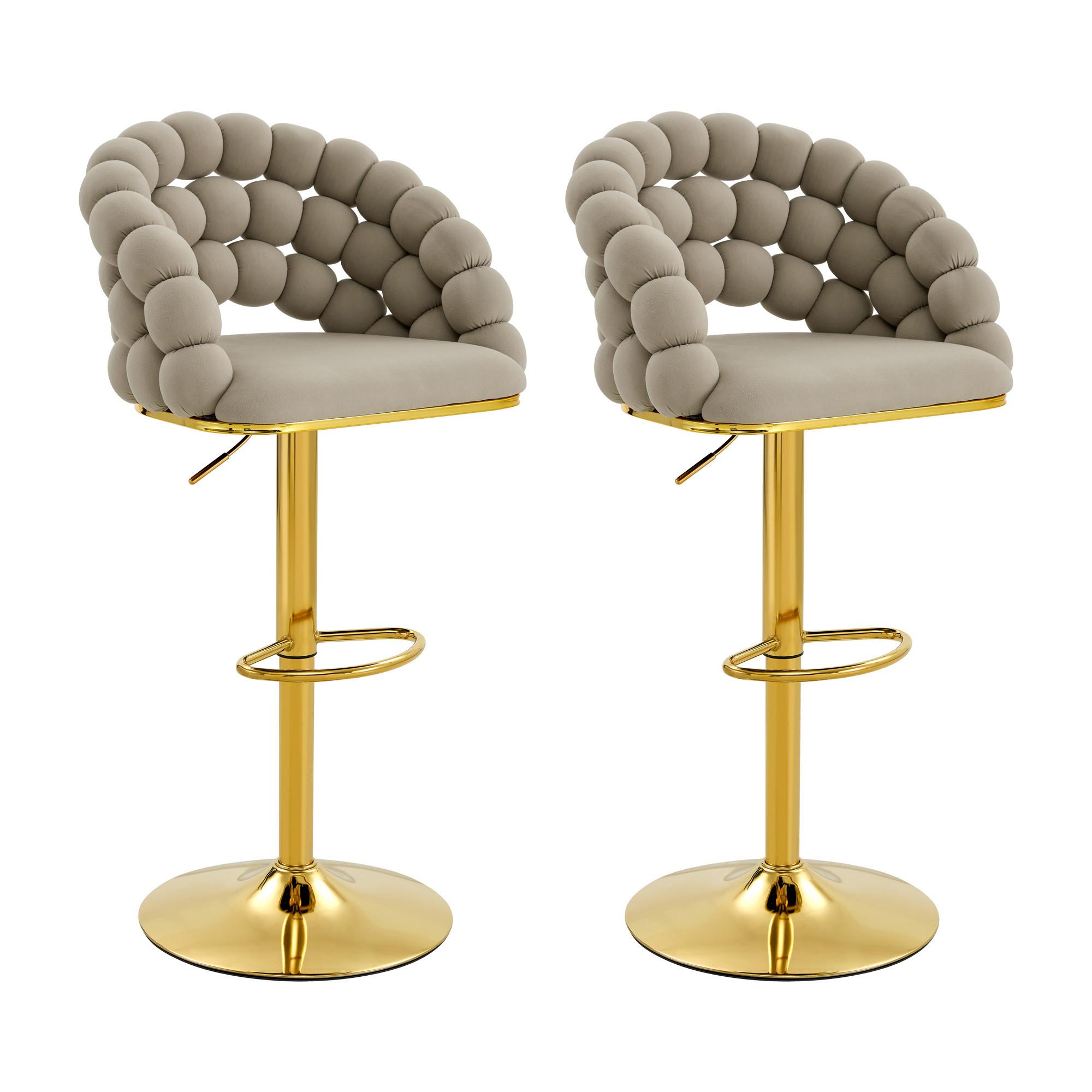 BARHOCKER 2er-Set aus Samt mit Gold-Gestell, Kugelketten-Rückenlehne und höhenverstellbar - Grau, Textil (45/112/52cm) - Urban Meuble